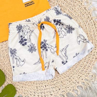 Conj. Camiseta Aventura Jurássica e Bermuda Dinos - Laranja e Areia